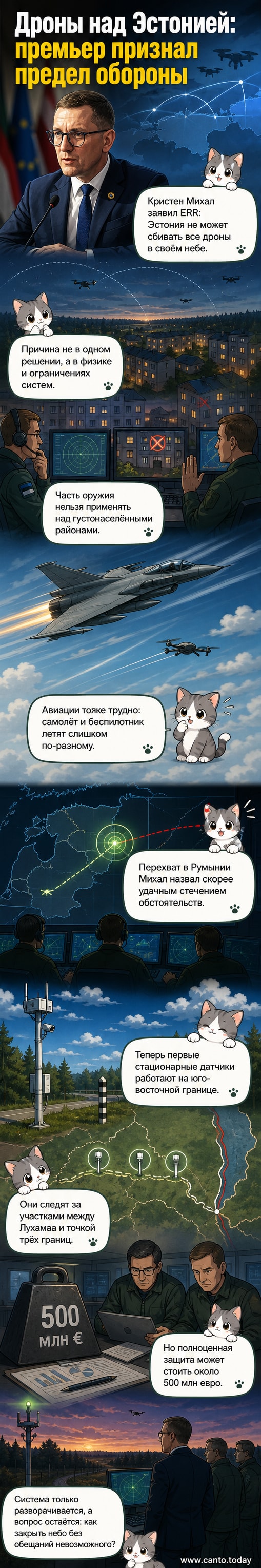 Иллюстрация: премьер-министр Эстонии Кристен Михал говорит о проблемах с перехватом дронов на фоне карты страны и изображений беспилотников у границы