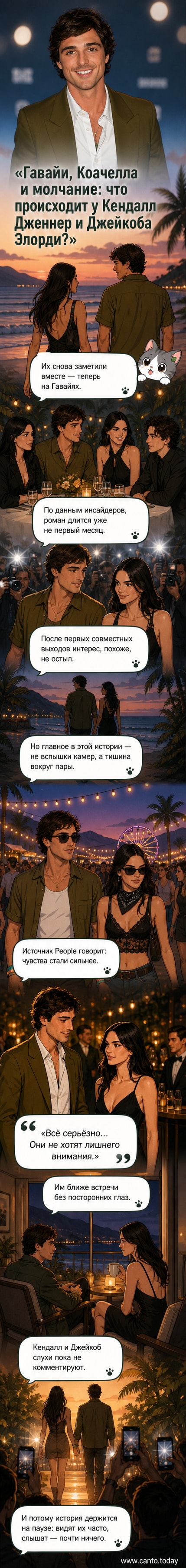 Иллюстрация: Кендалл Дженнер и Джейкоб Элорди на пляже на Гавайях, держатся за руки, закат на фоне.