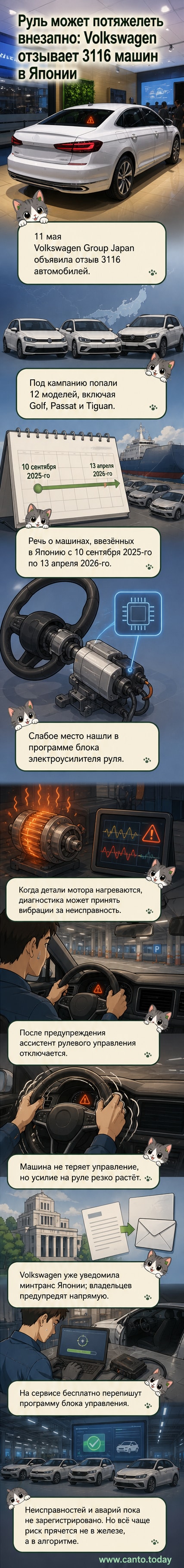 Иллюстрация: автомобиль Volkswagen Golf на фоне схемы рулевого механизма с предупреждением о программной ошибке