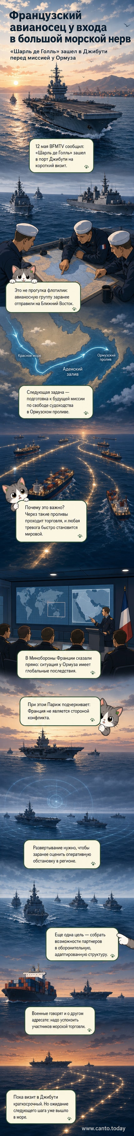 Французский авианосец «Шарль де Голль» входит в Аденский залив, на фоне — порт Джибути