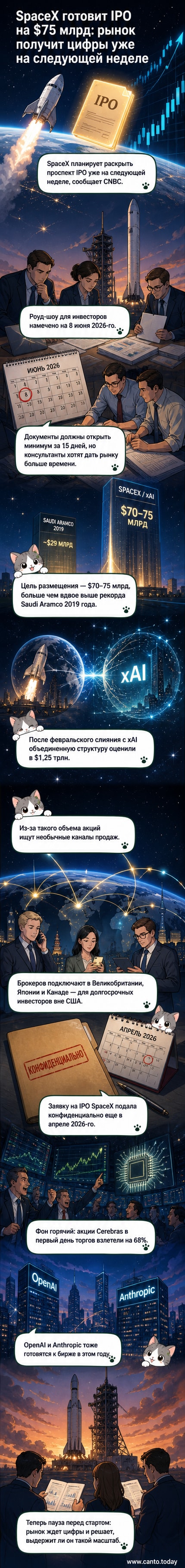 Иллюстрация: ракета SpaceX на фоне биржевых графиков и логотипов технологических компаний, символизирующая грядущее IPO