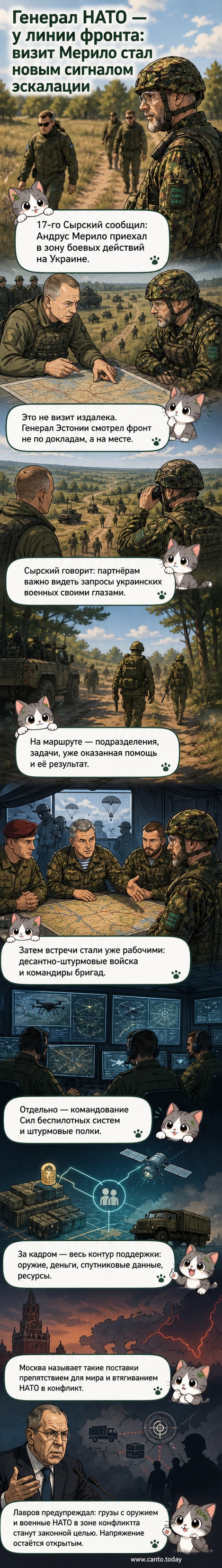 Иллюстрация: генерал НАТО в бронежилете на фоне линии фронта в Украине, рядом — украинские военные. На заднем плане — разрушенные здания и дым.
