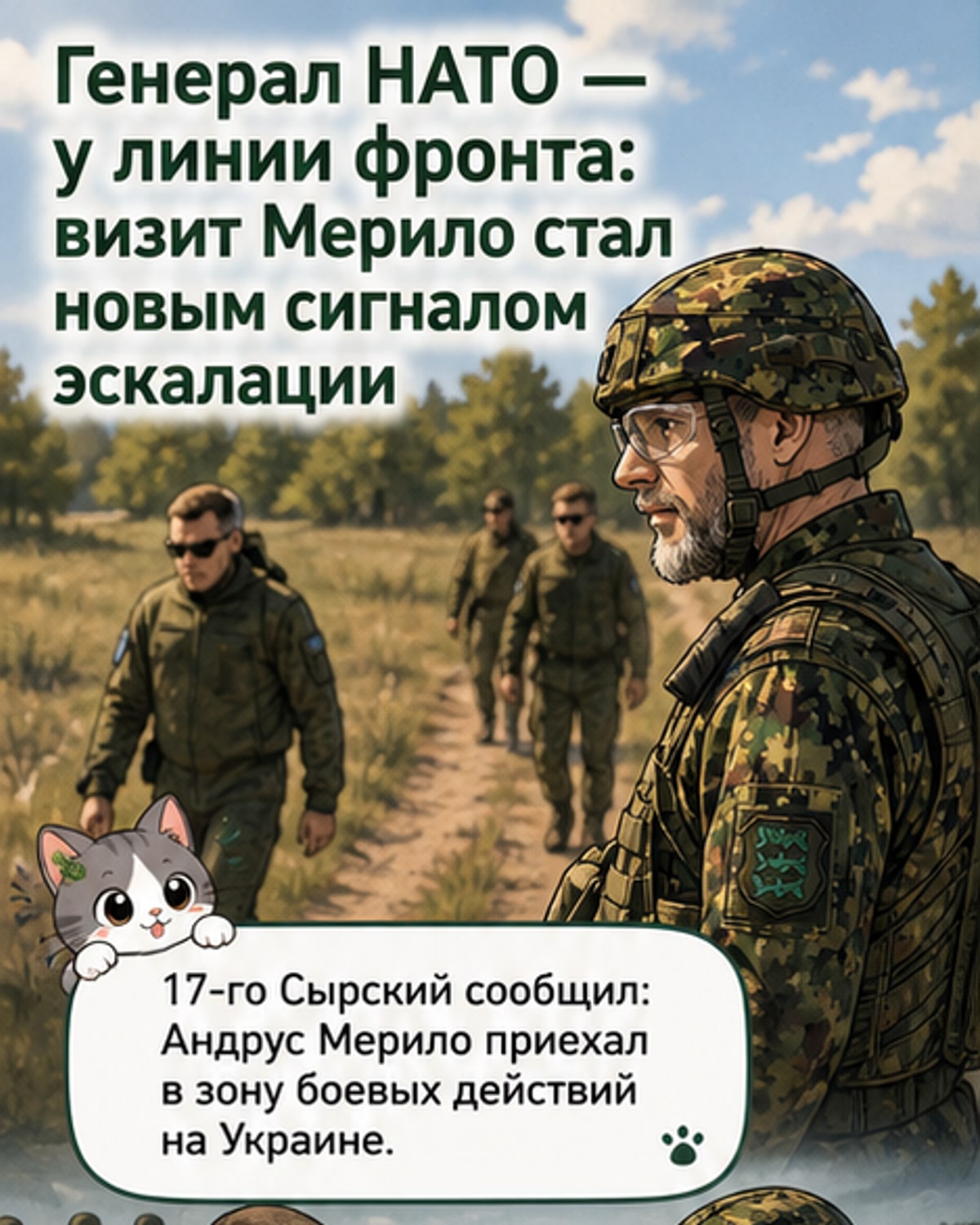 Иллюстрация: генерал НАТО в бронежилете на фоне линии фронта в Украине, рядом — украинские военные. На заднем плане — разрушенные здания и дым.