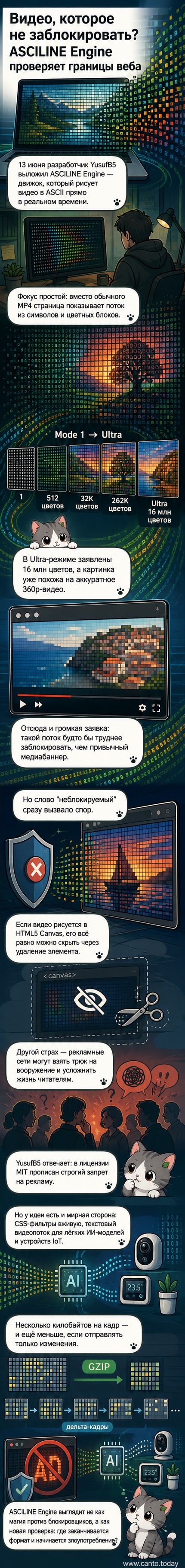 Интерфейс приложения ASCILINE Engine, преобразующего видео в цветные текстовые символы на тёмном фоне