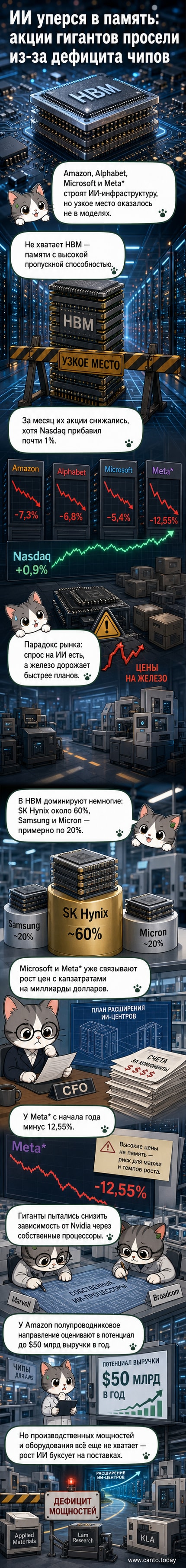 Иллюстрация: крупные ИТ-компании в тисках, символизирующих дефицит чипов памяти, с фоном графиков падающих акций и растущих цен на память.