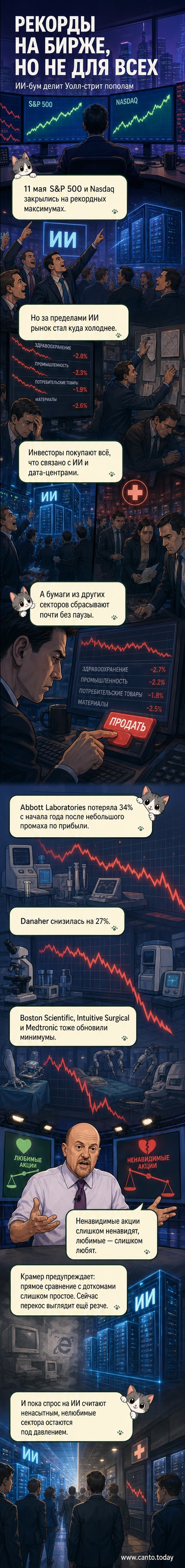 Иллюстрация: Уолл-стрит, где одни здания освещены ярко — ИИ и технологии, а другие погружены во тьму — традиционные отрасли. Стрелки на графиках идут в разные стороны.