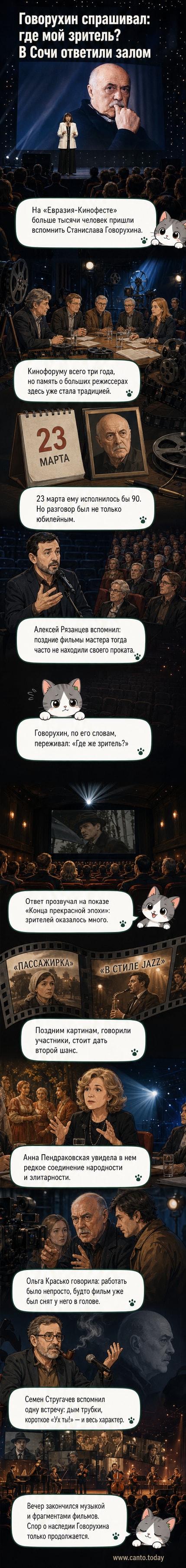 Толпа зрителей на открытом воздухе аплодирует перед экраном с портретом Станислава Говорухина, на заднем плане — кадры из его фильмов
