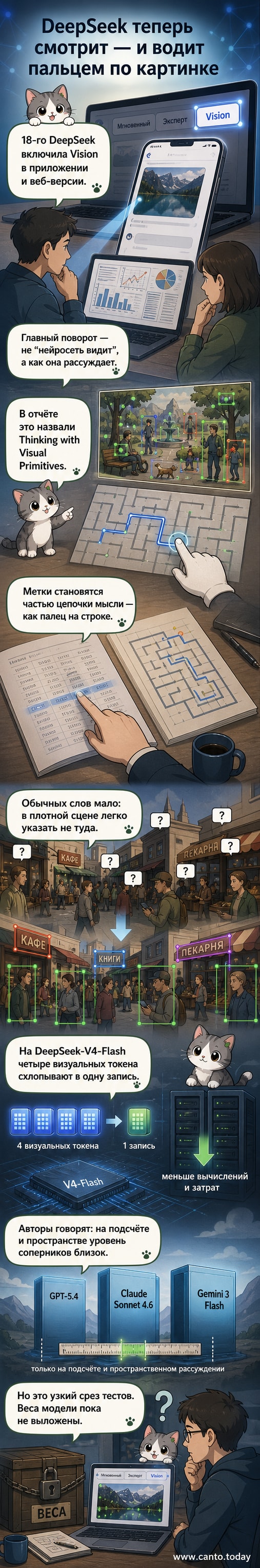 Схематичное изображение ИИ, анализирующего картинку с помощью визуальных меток — точек и рамок, как будто ведёт пальцем по изображению