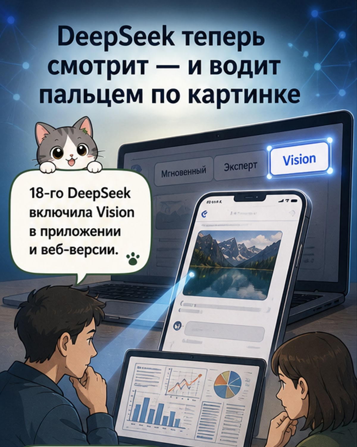 Схематичное изображение ИИ, анализирующего картинку с помощью визуальных меток — точек и рамок, как будто ведёт пальцем по изображению