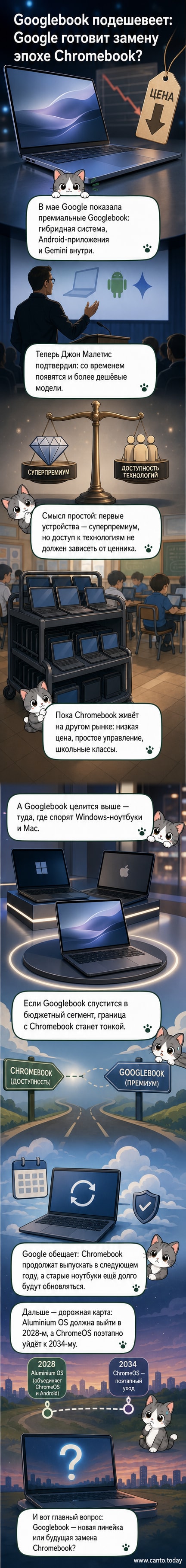 Иллюстрация: современный ноутбук с логотипом Google, на экране — интерфейс с приложениями Android и ИИ-панелью Gemini.