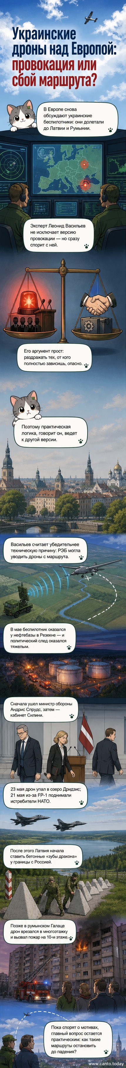Иллюстрация: украинский дрон падает на фоне карты Восточной Европы, с отметками Латвии и Румынии, где произошли инциденты