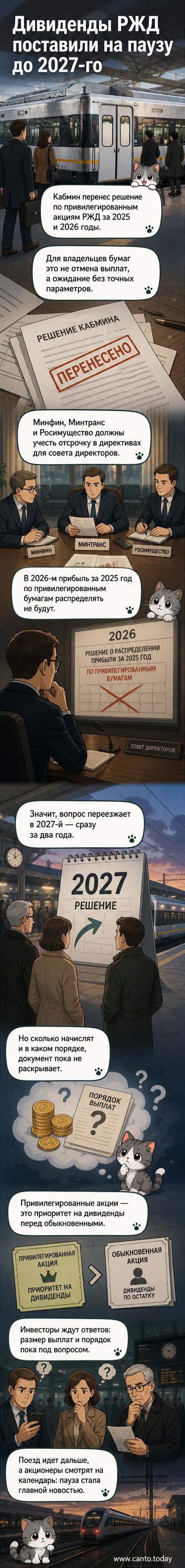 Иллюстрация: здание правительства с календарём, где даты 2025 и 2026 года перечёркнуты, а указатель указывает на 2027 год. На переднем плане — акции РЖД с вопросительным знаком.