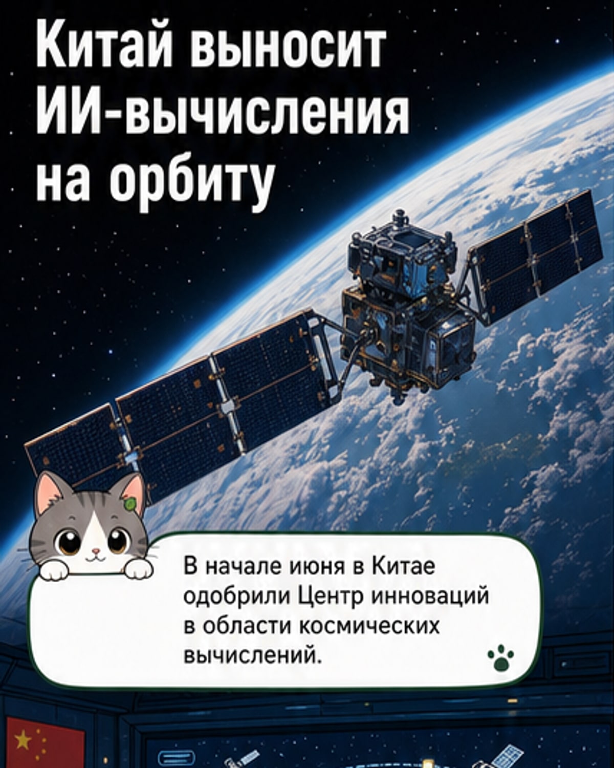 Иллюстрация: спутник с ИИ-чипом на орбите Земли, обрабатывающий данные вместо передачи их на поверхность