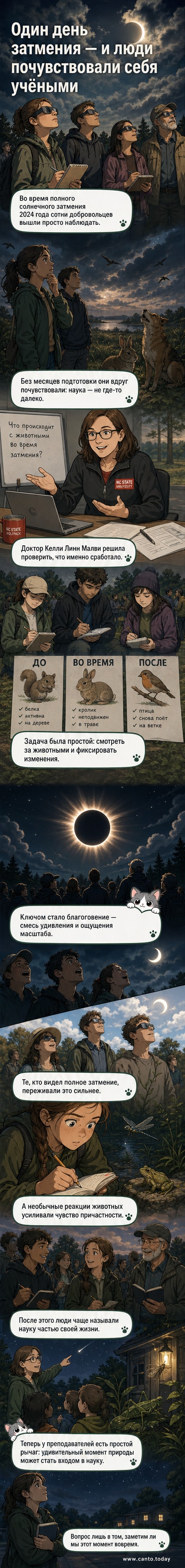 Человек в очках солнцезащитных очков наблюдает за полным солнечным затмением, рядом — животные, ведущие себя необычно: птицы замолкают, собаки смотрят в небо. На заднем плане — толпа с поднятыми телефонами.