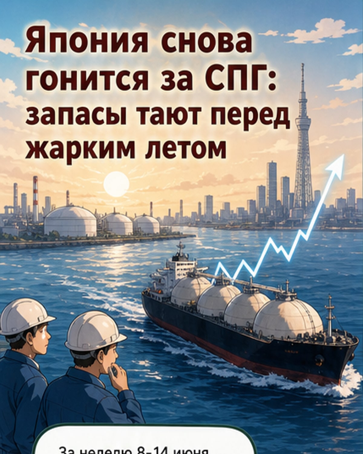 График импорта СПГ Японией в миллионах тонн в неделю с пометкой роста до 1,3 млн тонн в июне 2026 года