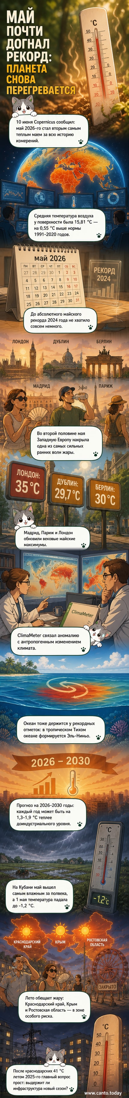 Иллюстрация глобальной карты с аномально высокими температурами в мае 2026 года, особенно в Западной Европе и на юге России, с термометрами, показывающими рекордные значения
