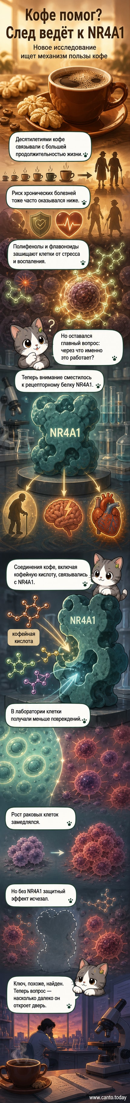 Иллюстрация: чашка кофе рядом с увеличенным изображением клетки и белка NR4A1, на который направлены молекулы кофейной кислоты