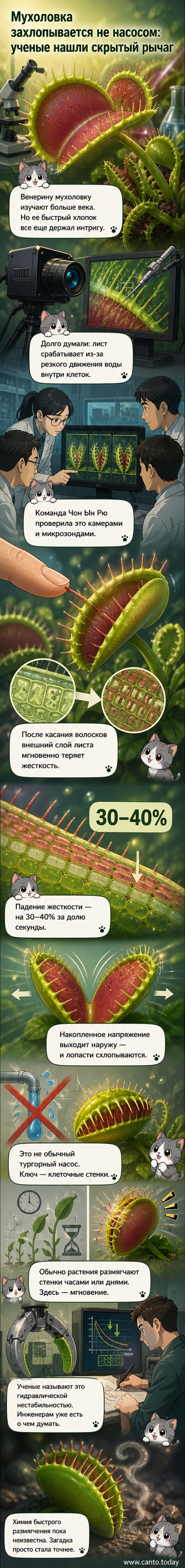 Анимированная схема, показывающая, как лист Венериной мухоловки мгновенно захлопывается после прикосновения к волоску-триггеру, с акцентом на изменение жёсткости клеточных стенок.