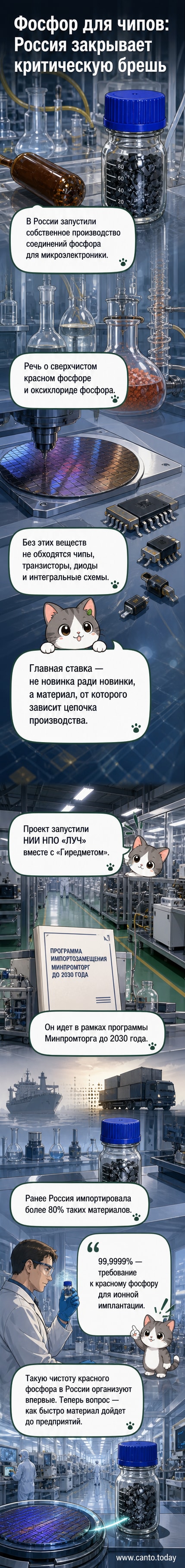 Лабораторный процесс синтеза сверхчистого красного фосфора в условиях чистой комнаты, фоне — логотип Росатома