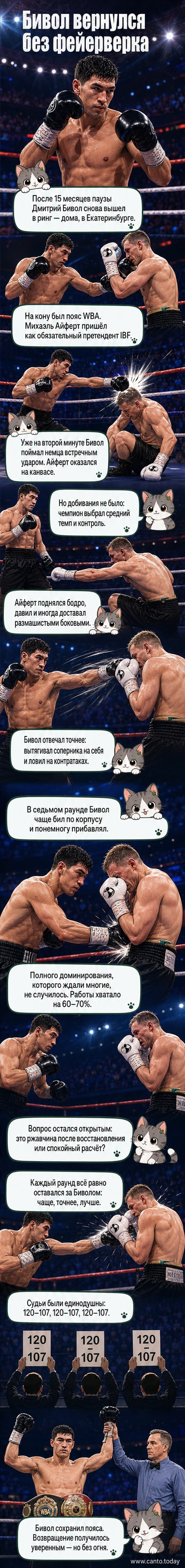 Боксёр Дмитрий Бивол в ринге после победы, поднимает руки, позади — толпа и логотипы спонсоров