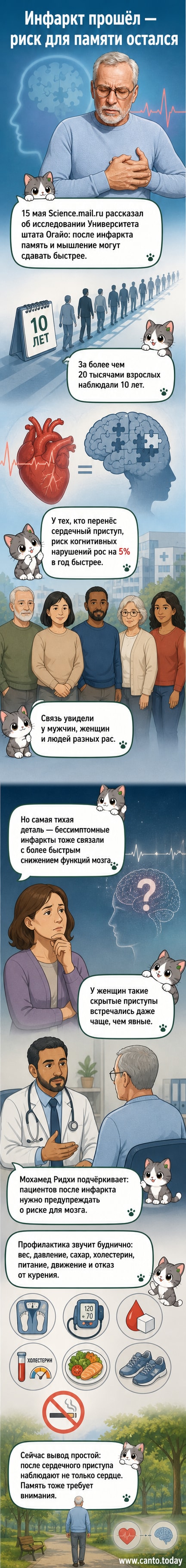 Иллюстрация сердца и мозга, соединённых пульсирующими линиями, символизирующими взаимосвязь между сердечным приступом и когнитивными нарушениями
