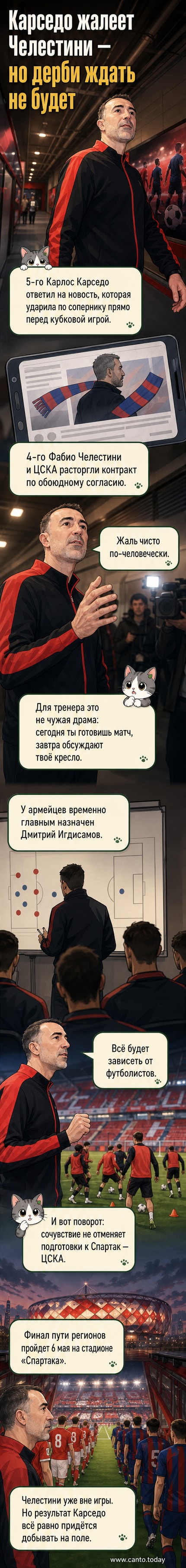 Иллюстрация: тренер в костюме стоит у боковой линии, позади — стадион и логотипы ЦСКА и «Спартака», на заднем плане — напряжённое дерби
