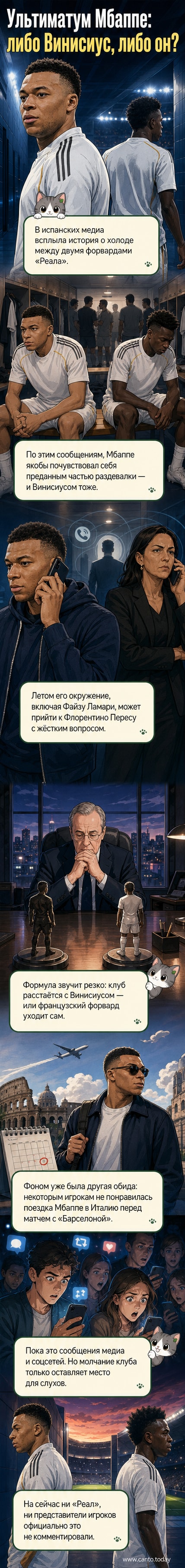 Два футболиста в форме «Реала» стоят спиной друг к другу на фоне стадиона, между ними — раздвоенная стрелка, указывающая в разные стороны.