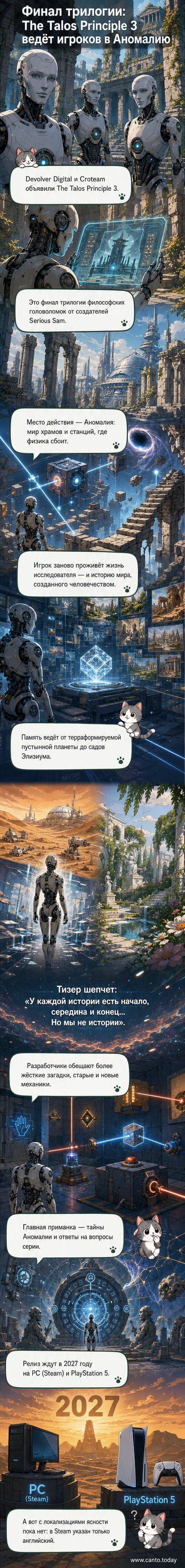 Обложка игры The Talos Principle 3: абстрактный пейзаж Аномалии с разрушенными храмами, парящими объектами и лучами света, символизирующими искажение физики.