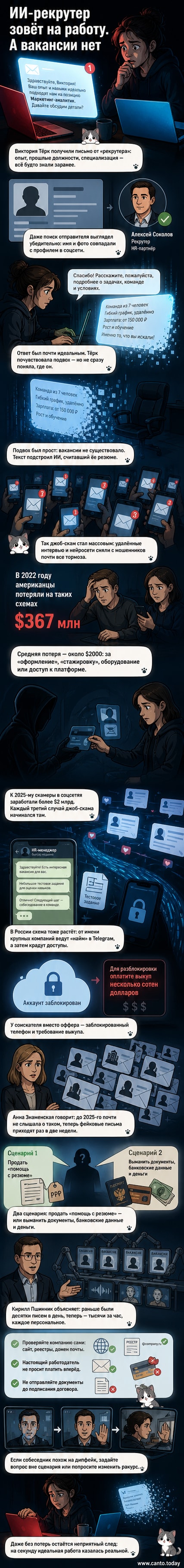 Иллюстрация: человек смотрит на экран, где ИИ-рекрутер предлагает фейковую вакансию, а в тени — мошенник с ноутбуком.