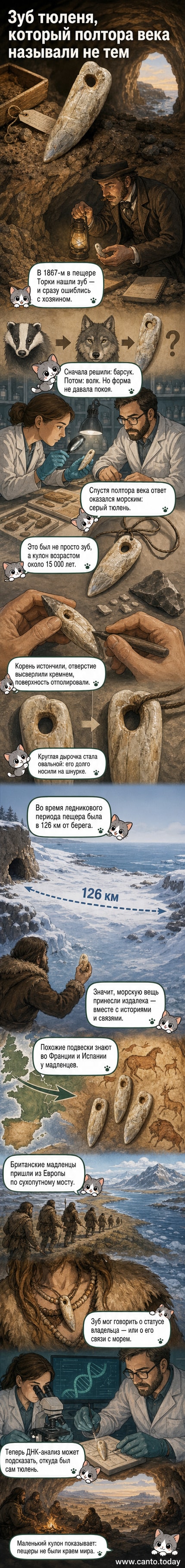Реконструкция древнего кулона из зуба серого тюленя, найденного в пещере Торки, с детализацией отполированной поверхности и овального отверстия для шнурка.