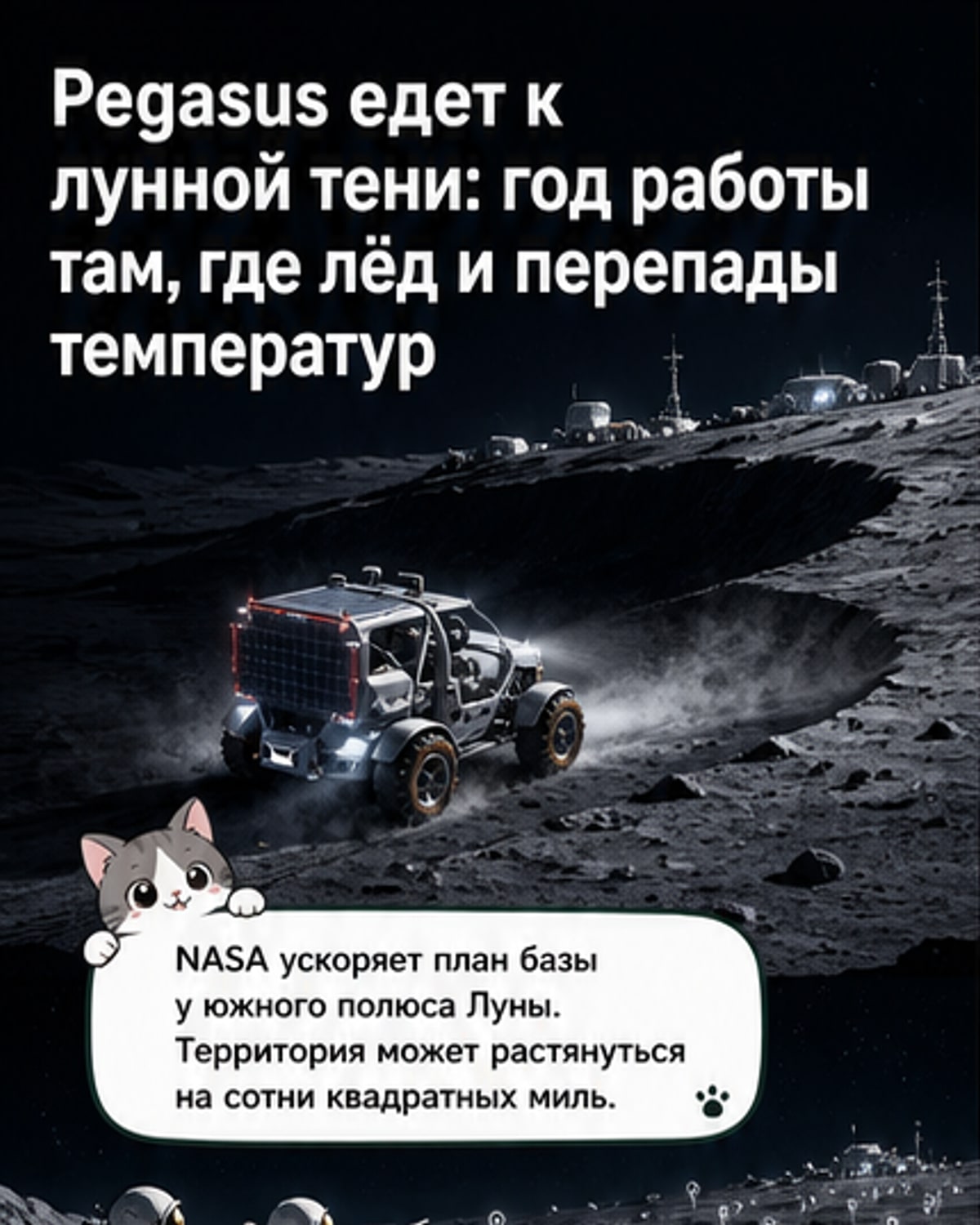 Рендер лунохода Pegasus на поверхности Луны с кратерами и тенями, фоне — Земля на тёмном небе