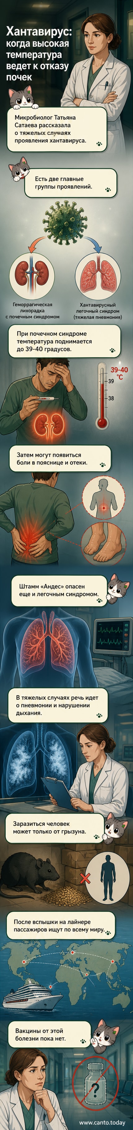Иллюстрация: врач в перчатках осматривает пациента с температурой, на заднем плане — силуэт грызуна и схема поражения почек и лёгких