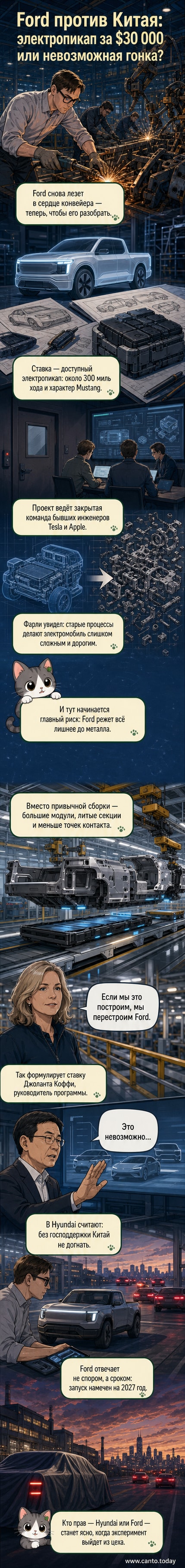Иллюстрация: Ford разбирает традиционный конвейер, строя новый модульный процесс рядом с китайским электромобилем и логотипом Tesla