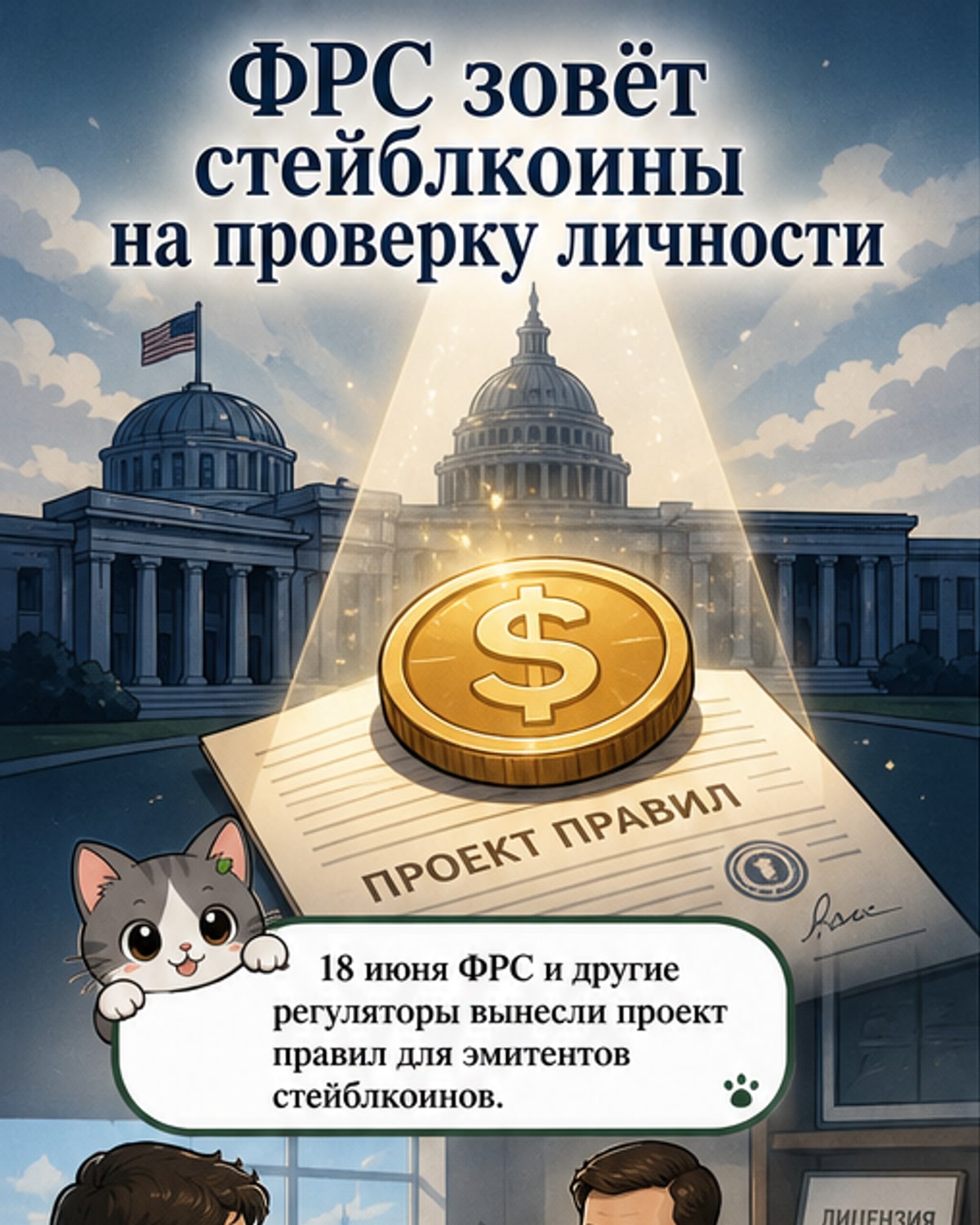 Иллюстрация: здание ФРС США и цифровые токены с пометками KYC и AML