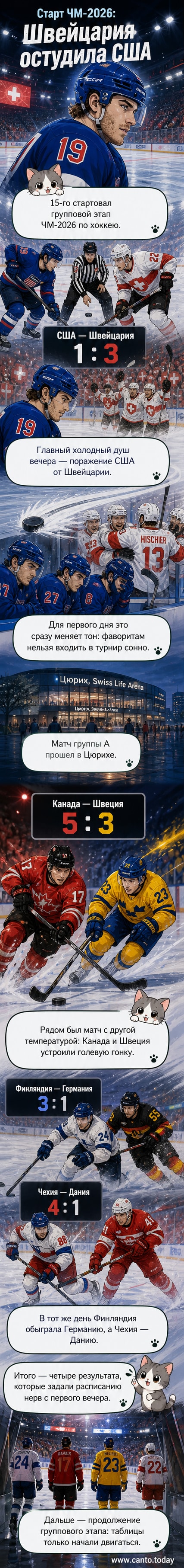 Хоккейные команды на льду во время матча чемпионата мира 2026 года, зрители на трибунах, крупные экраны с табло.