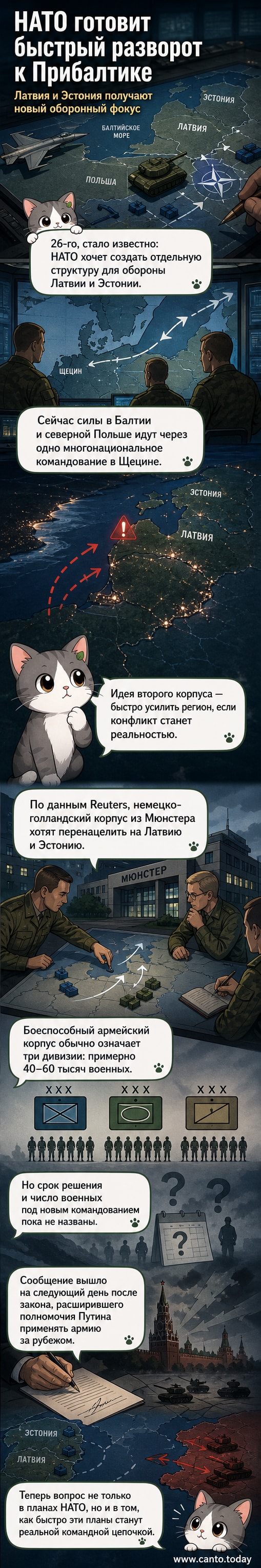 Карта северо-восточной Европы с обозначением Латвии, Эстонии и позиций НАТО, рядом — символы военных штабов в Щецине и Мюнстере
