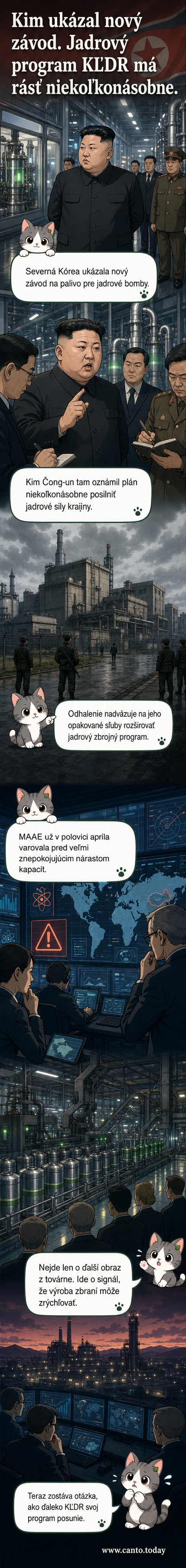Ilustrácia: Kim Čong-un stojí pred budovou jadrového závodu, na pozadí sú rúry a technologické zariadenia.