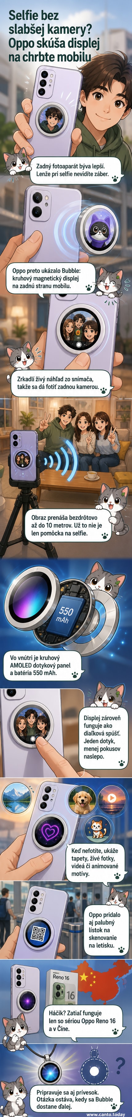 Kruhový magnetický displej Oppo Bubble pripojený na zadnej strane smartfónu, zobrazujúci živý náhľad z fotoaparátu.