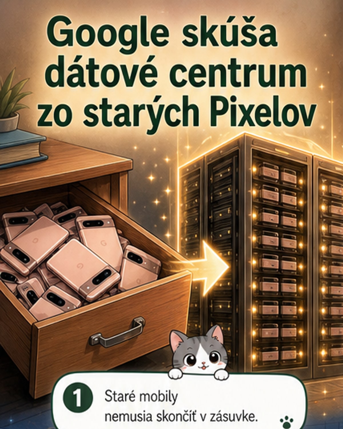 Ilustrácia zobrazuje stoh starých smartfónov Google Pixel, ktoré sú pripojené k serveru a svietia ako malé výpočtové uzly v dátovom centre.