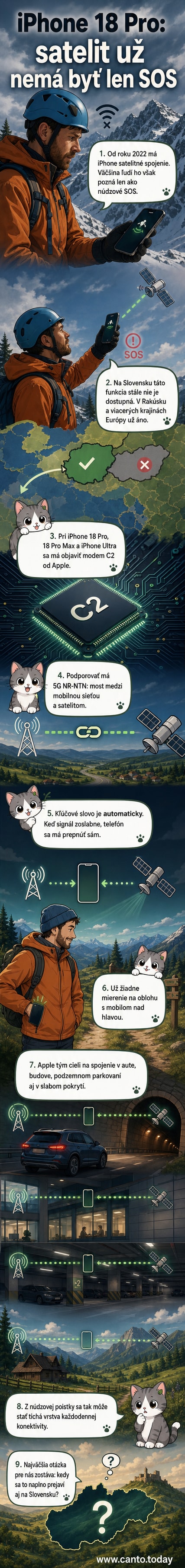 Ilustrácia iPhone 18 Pro s ikonou satelitu v rohu obrazovky, telefón v ruke človeka v tunele