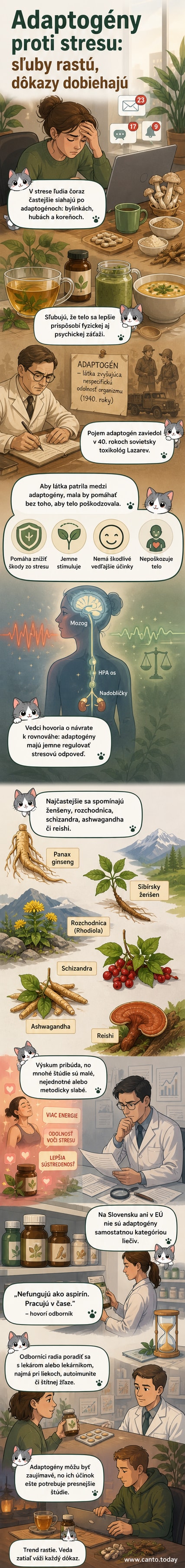 Ilustrácia rastlín a huby, ktoré sa používajú ako adaptogény, s ikonami stresu a rovnováhy v pozadí.