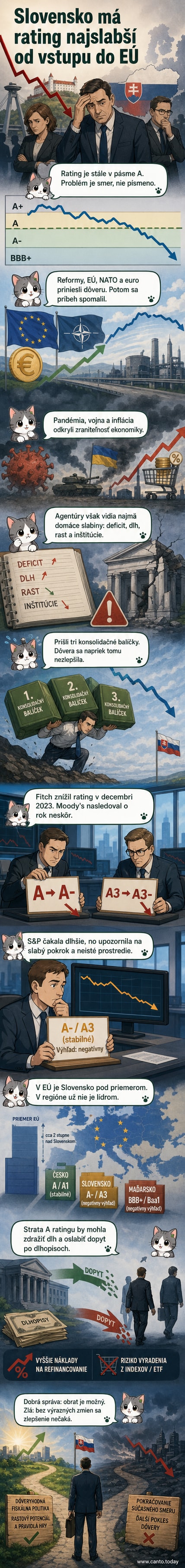 Ilustrácia znázorňuje klesajúcu krivku ratingu Slovenska na pozadí európskych vlajok, s ikonami dlhu, inflácie a politických protestov.