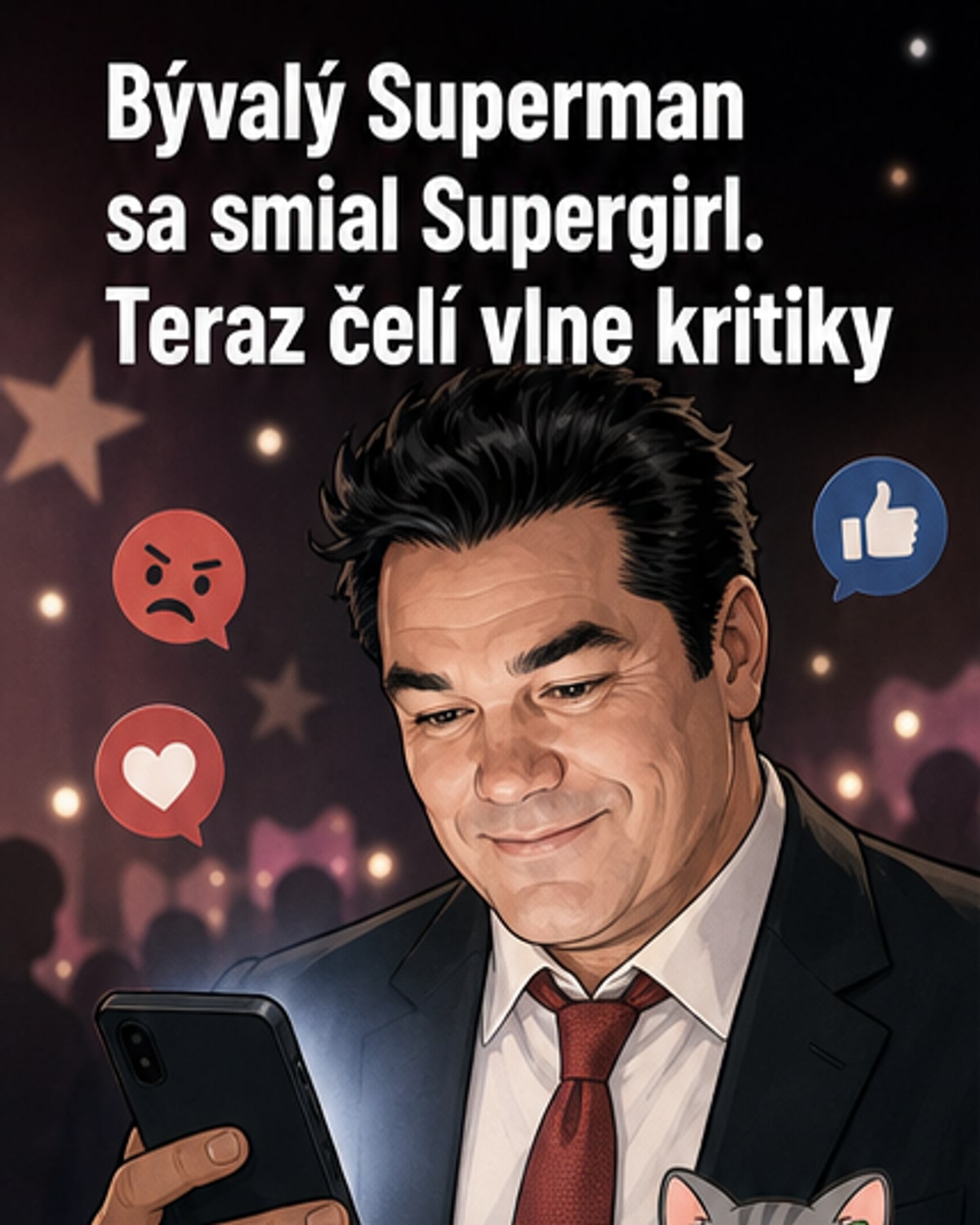 Ilustrácia: Dean Cain v kostýme Supermana sa s úsmevom pozerá na mladú herečku v kostýme Supergirl, ktorá sa odvracia.