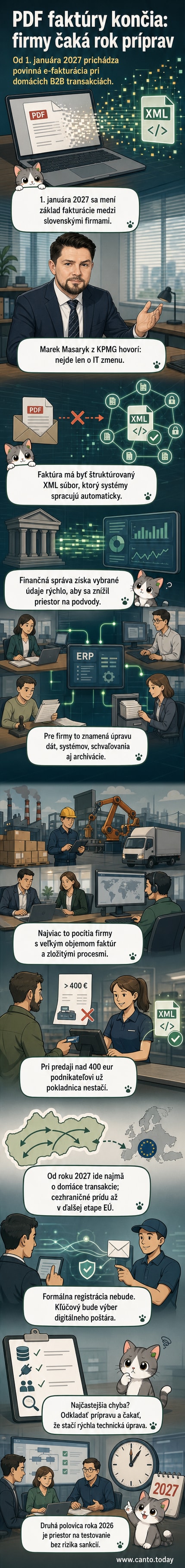 Ilustrácia zobrazuje prechod od papierovej faktúry k digitálnej XML fakte, so symbolmi počítača a siete v pozadí.