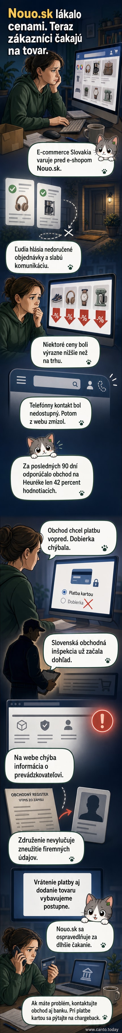 Ilustrácia zavádzajúceho e-shopu s chýbajúcim kontaktom, nedoručenými balíkmi a varovnými ikonami pre podvodné praktiky.