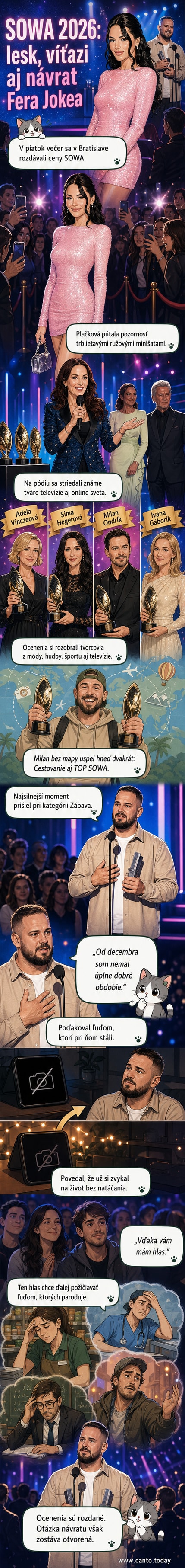 Zuzana Plačková v ružových minišatách na červenej koberci pri odovzdávaní cien SOWA 2026, na pozadí ľudia a blesky fotoaparátov.