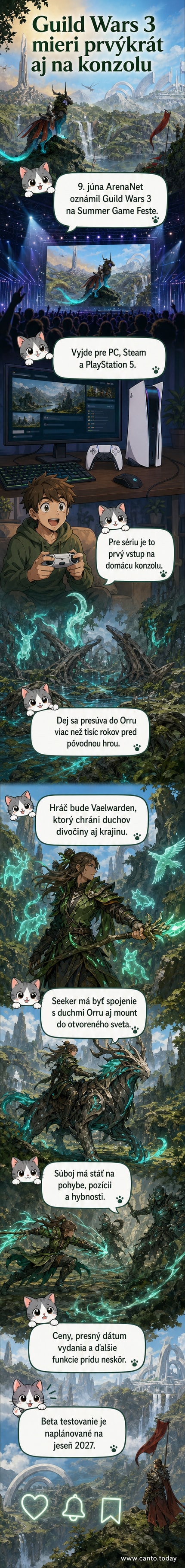 Ilustrácia z hry Guild Wars 3: hráč na chrbte ducha Seekera prechádza cez mágickú krajinu Orr, obklopený zelenou divočinou a svetelnými efektmi.