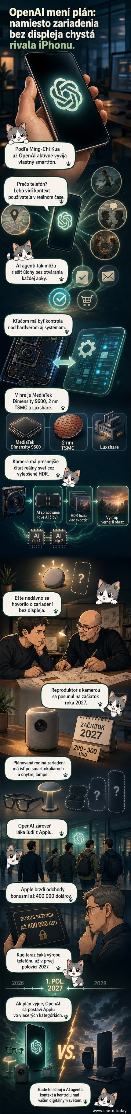 Ilustrácia konceptu OpenAI smartfónu s AI agentom na displeji, ktorý nahrádza ikony aplikácií, na pozadí Apple logo a súťažiacich značiek