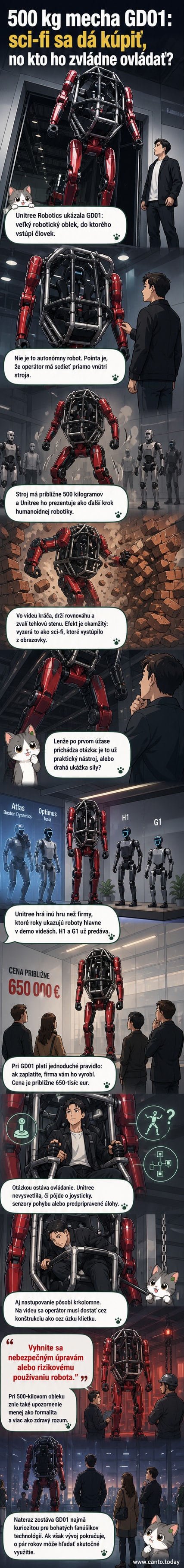 Červený robotický oblek GD01 od čínskej firmy Unitree Robotics, ktorý vyzerala ako mech zo sci-fi filmu, vedľa človeka v čiernom oblečení.