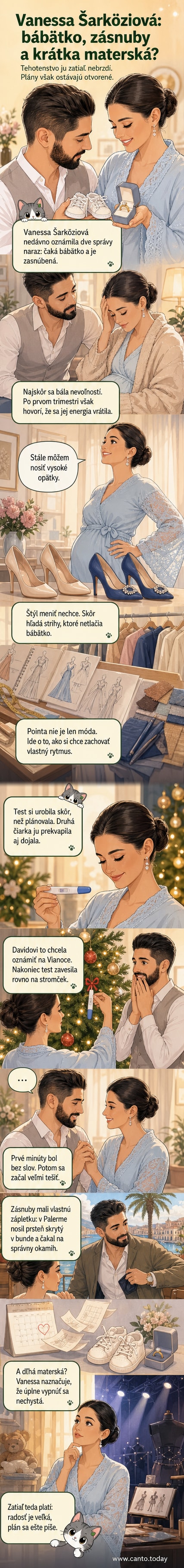 Ilustrovaná scéna: Vanessa Šarköziová v elegantnom oblečení, drží pozitívny tehotenský test zavesený na vianočnom stromčeku, na pozadí romantická talianska reštaurácia.
